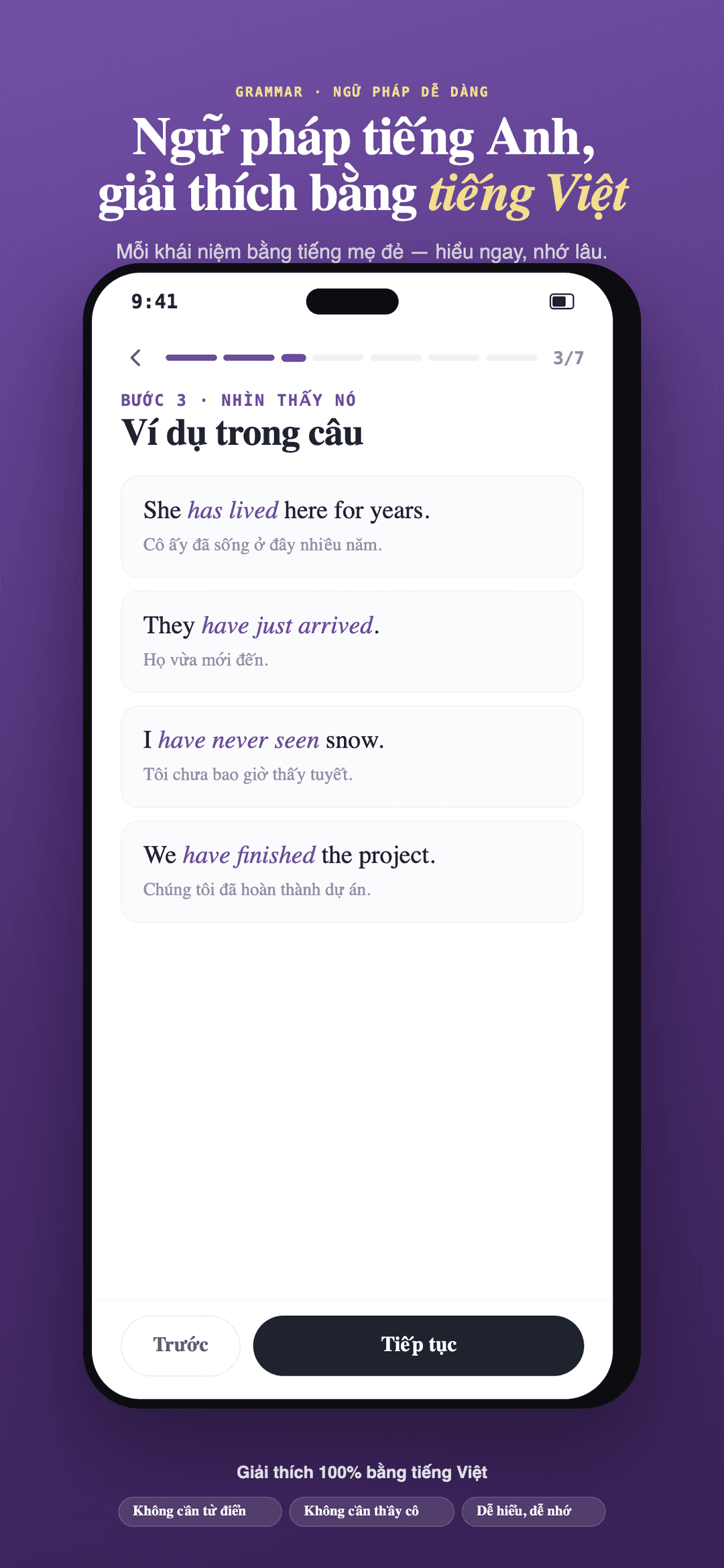 Ví dụ giải thích ngữ pháp bằng tiếng Việt